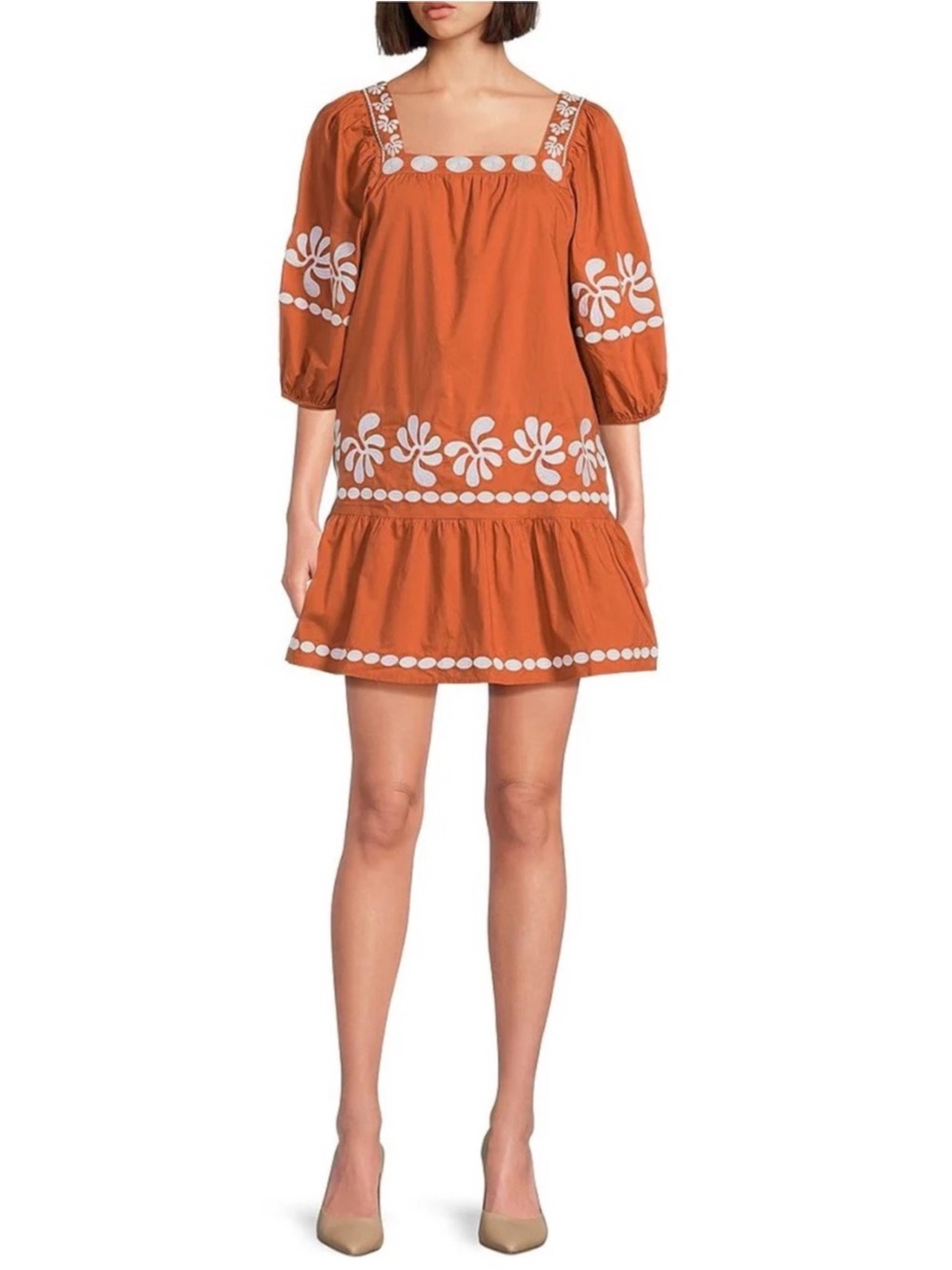 J.Marie Amalia Embroidered Burnt Orange Square Neck Cotton Dress 100% Cotton